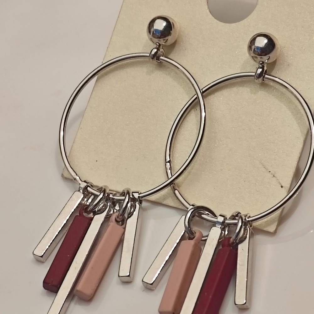 Silver Hoop Bar Fringe Drop Earrings Burgundy Rose Geometric Korean Fashion